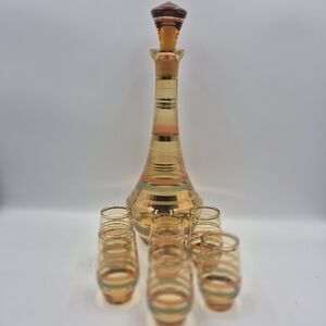 MCM Czech Amber Glass Decanter and 6 Shot Glass Set -